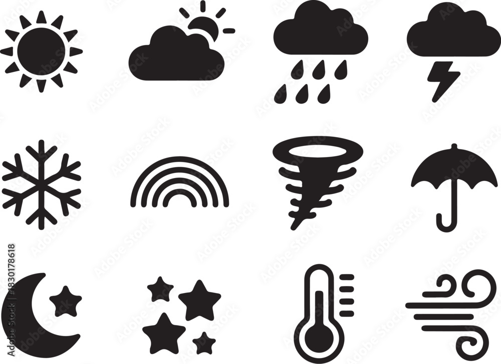 Fototapeta premium Weather icons forecast sunshine, rain, and storms