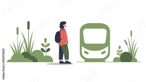Stylish traveler awaits train arrival, enjoying nature near modern transport, a clean illustration perfect for travel blogs, city guides, and transit apps