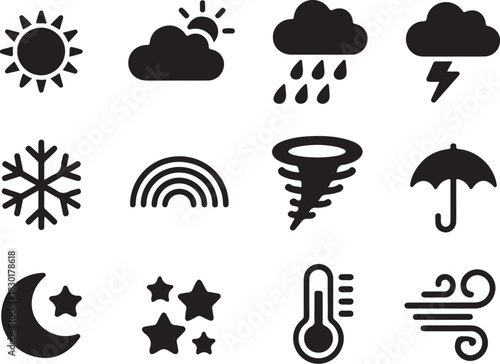 Weather icons forecast sunshine, rain, and storms