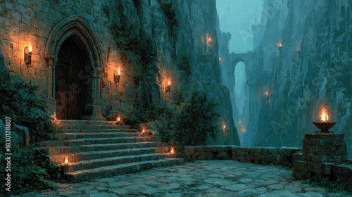 Mysterious castle entrance at dusk illuminated by soft candlelight glow, fantasy scene