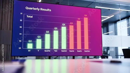 A screen displays a quarterly results bar graph in a conference room setting