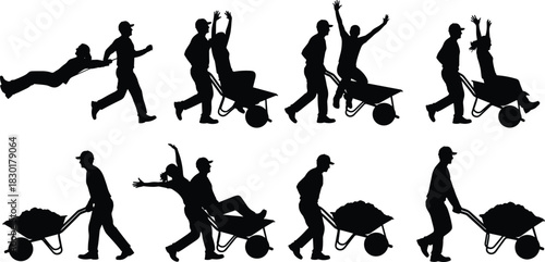 Set of playful couple silhouettes, man pushing woman in a wheelbarrow, funny people celebrating success, vector illustration for happy relationship, teamwork and labor concept.