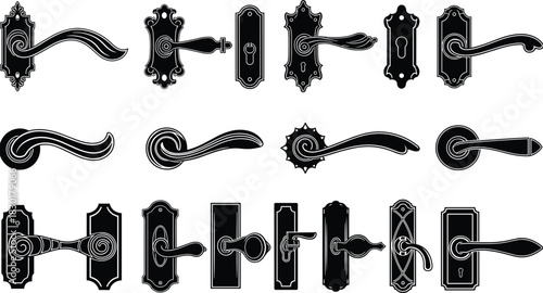 Set of antique door handle and knob silhouettes, vintage baroque and victorian style door levers, decorative ornate elements for classic interior design, luxury home hardware vector.
