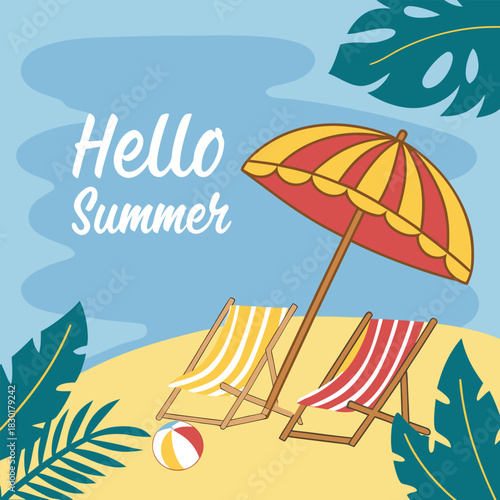 Two striped lounge chairs and beach ball under umbrella