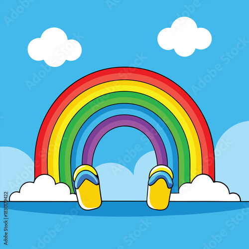 Cartoon rainbow with six colored bands and clouds blue