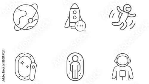 Space exploration technology research line art vector icon set
