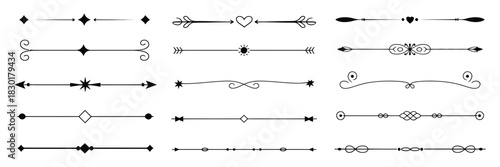 Vintage decorative line border set with ornamental flourishes, elegant text dividers, filigree separators, vector illustrations for invitations and header designs
