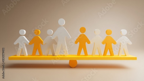 Balancing collaboration among diverse figures studio space 3d illustration minimalistic eye-level teamwork concept