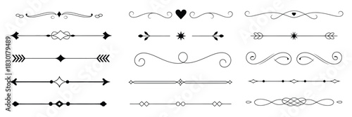 Vintage decorative line dividers borders, ornamental filigree separators, vector illustration pack for invitations, wedding stationery, elegant layout designs