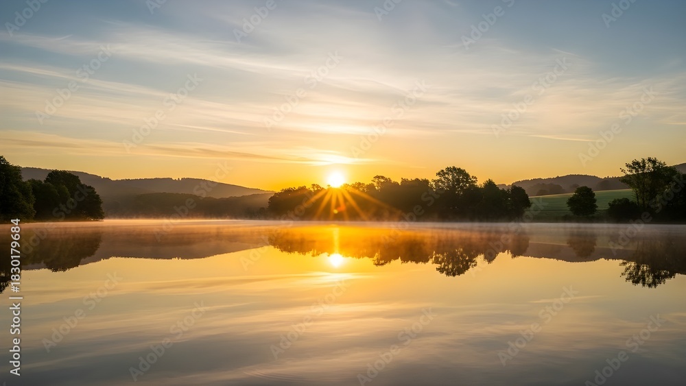Fototapeta premium A magnificent sunrise or sunset over a lake, featuring a brilliant sunburst and perfect reflection on the mirror-like water. The horizon is framed by a forest and rolling hills, with a thin layer of m