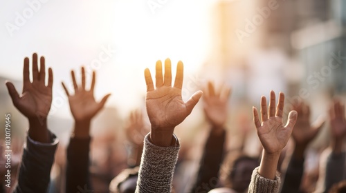 Raising voices community gathering public event urban setting wide angle unity and empowerment