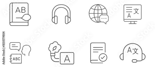 “Language translation learning service flat outline vector icons set”