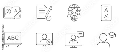 Education and language line icons. Online learning, translation, study symbols.