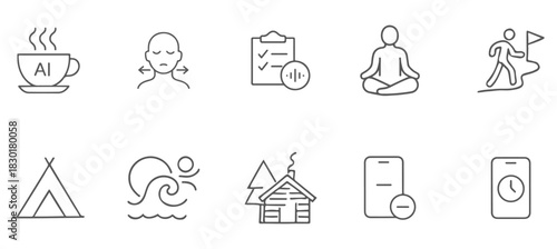 Wellness and lifestyle line icons. Yoga, hiking, travel, health symbols.