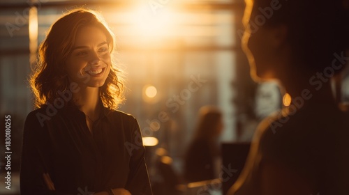 Engaging conversation between two professionals modern office photography warm lighting close-up connection building