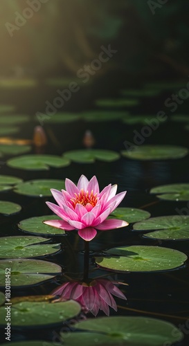 A beautiful pink waterlily flower blooming on a calm pond surface surrounded by green lily pads under soft natural sunlight ,tropical ,flora ,wet