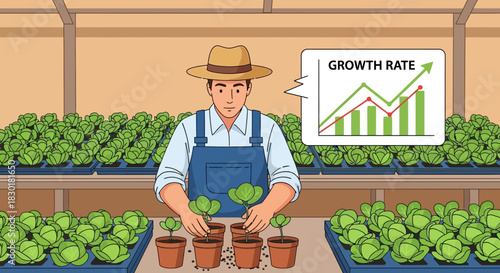 Farmer Examining Growth Rate of Seedlings in Greenhouse with Charts and Plants