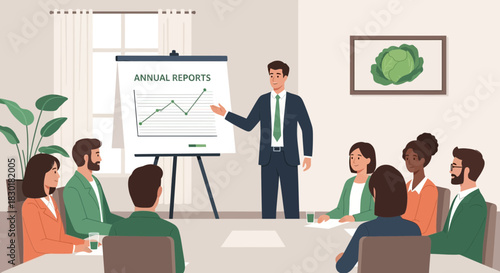Presentation of annual reports to colleagues in the office meeting room