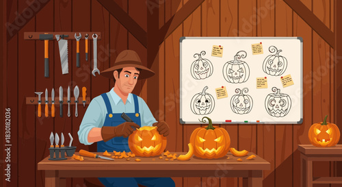 Craftsman Carving Festive Jack-o'-Lanterns in a Cozy Halloween Workshop Setting