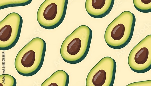 Avocado halves with pits forming a fresh, healthy, and organic seamless pattern