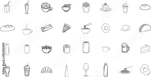 Collection of hand drawn food and drink icons in black and white isolated on transparent background
