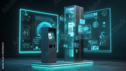 Futuristic Digital Kiosk and Server Tower Displaying Data With Blue Neon Light Accents In Dark Room