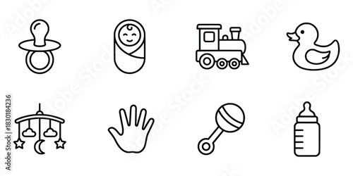 Collection of Baby Icons Pacifier Swaddled Baby Train Duck Mobile Hand Rattle Bottle.