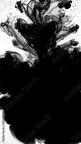 Chaotic black ink slowly diffuses and spreads across a pristine white surface, creating swirling tendrils of abstract fluid disarray creative, contrast, liquid