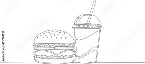Minimalist line art illustration of a burger and drink isolated on transparent background