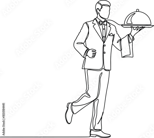 Elegant waiter sketch holding tray with cloche cover isolated on transparent background fine dining service illustration