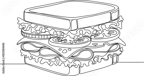 Detailed line art illustration of a sandwich with lettuce tomato and cheese isolated on transparent background