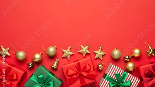 Festive Christmas Presents and Ornaments on Red Background