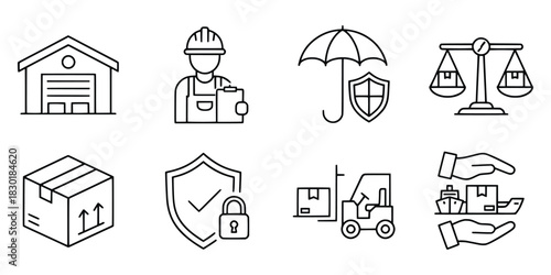 Logistics and Supply Chain Management Icons Warehouse Worker Insurance Scales Box Security Forklift and Handling.