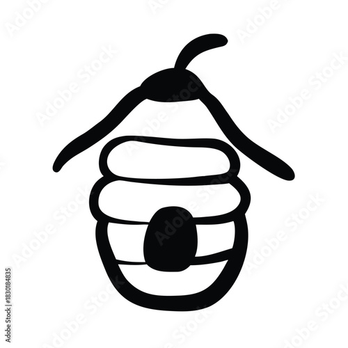 A simple black and white illustration of a beehive with a stem on top.