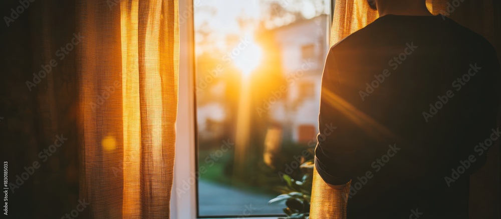 Obraz premium Man by window at sunrise