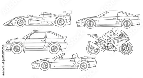 A diverse collection of modern sports car and motorcycle line art illustrations