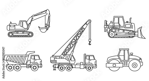 Collection of essential heavy construction vehicles in clean outline style, representing earthmoving and building machinery