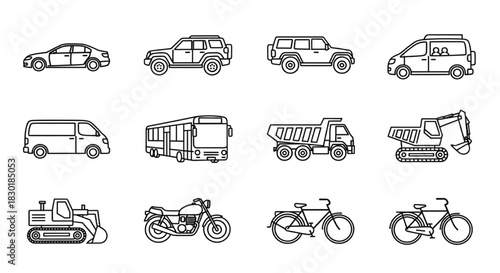 Diverse Vehicle Collection Outline Style Illustration Set