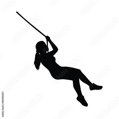 Silhouette of a woman zip-lining against a white background.