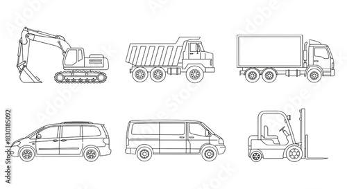 Outlined Vehicle and Construction Machinery Collection Vector Illustration