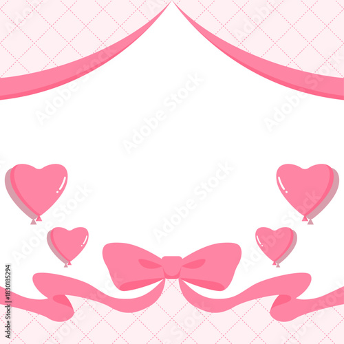 リボンのデコレーションフレーム、ハート型の風船の装飾、背景、正方形サイズ