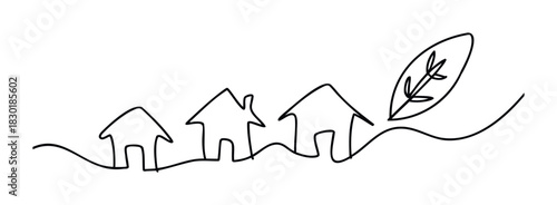 Minimalist line drawing representing housing growth and environmental sustainability with a leaf symbol suggesting ecofriendly living and development opportunities.