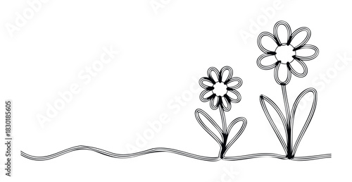Whimsical outline drawing of two flowers with stems and wavy ground line, perfect for graphic resources, greeting cards, and springtime themes.
