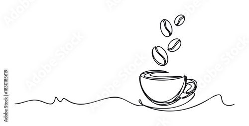 Minimalist single line drawing of a coffee cup with falling coffee beans, perfect for cafe menus, breakfast branding, and beverage advertising.