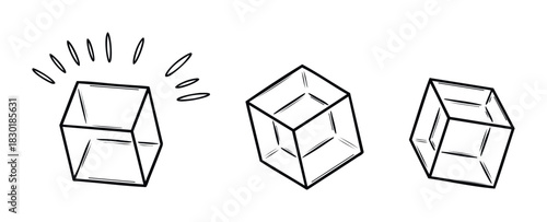 Simple line drawings of cubes showing different perspectives and a shining effect, perfect for representing ideas, data, or concepts in graphic presentations and educational materials.