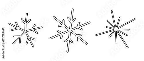 Three distinct snowflake shapes with bold black outlines, perfect for winter holiday themes, seasonal promotions, and frosty weather graphics.