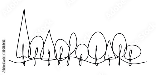 Minimalist continuous line drawing of abstract trees creating a natural landscape for organic branding and environmental themes