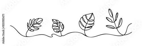 Minimalist black line drawings of four delicate plants with leaves on a wavy ground, perfect for organic branding and natural wellness themes.