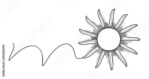 Whimsical sun graphic with wavy line connector for cosmic or celestial themed marketing material and graphic projects.