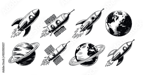 Vintage space exploration elements featuring rockets, satellites, and planets perfect for science fiction and travel promotions